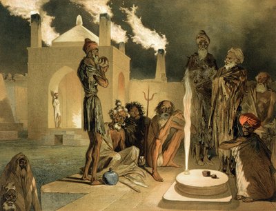 Ateseh-Gah, A tűzkultusznak szentelt indiánok, Baku, egy Kaukázusról szóló könyv 44. táblája, Leroux metszete, pub. Írta: Alfred Leon Lemercier, 1847 alkotó: Grigori Grigorevich Gagarin